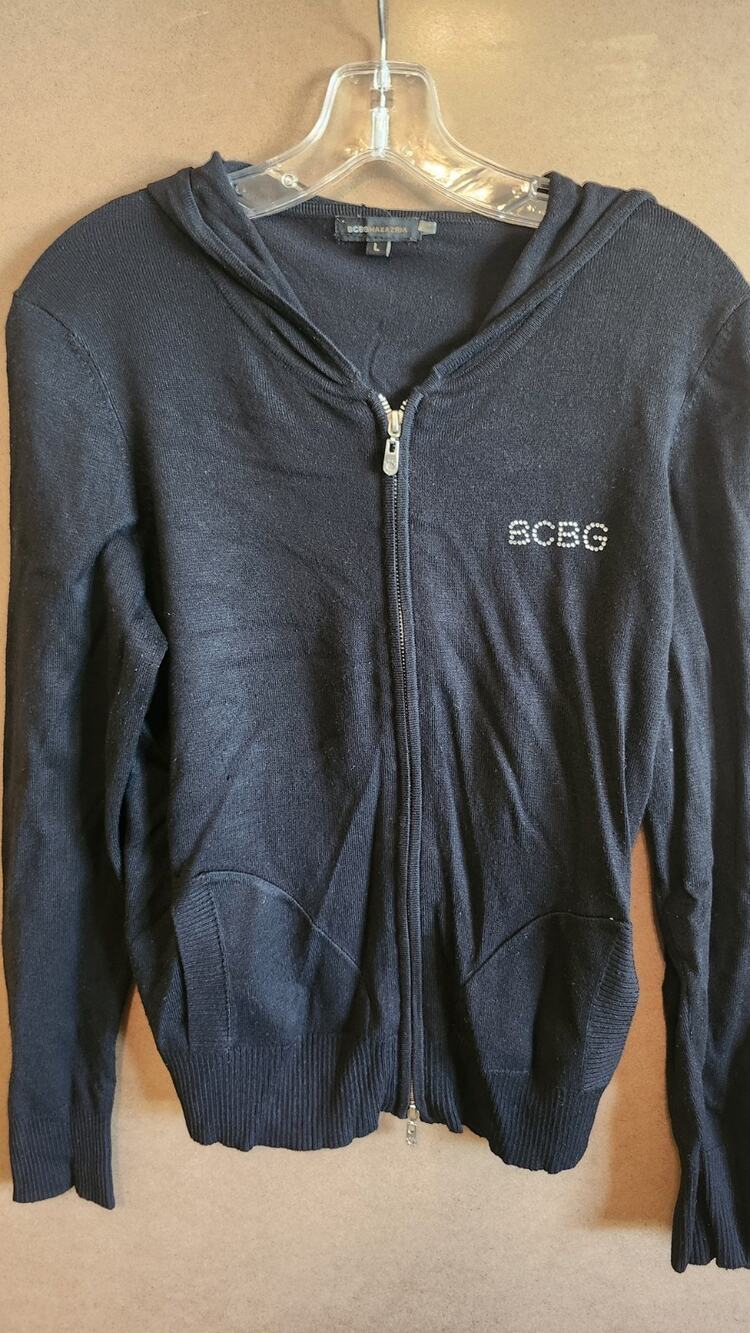 Vintage BCBG Max Azria Black Knit Zip Up Hoodie Rhinestone Logo Y2K Size L Wt76